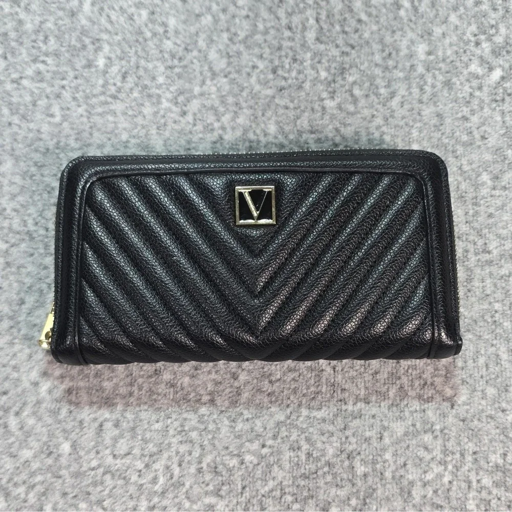 Women's Black Quilted Zip-Around Wallet Logo Accent Pink Interior Credit Card